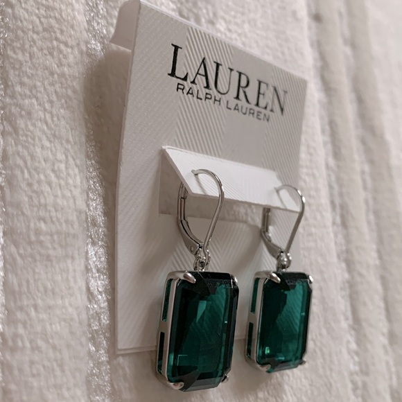Lauren Ralph Lauren Silver Emerald Stone Drop Earrings - Picture 4 of 7
